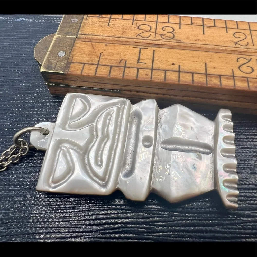 Vintage reversible carved mother of pearl tiki pendant tribal unique 18”